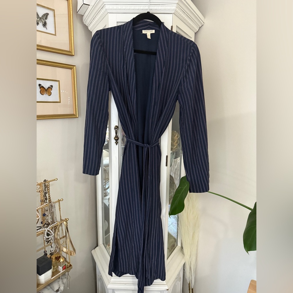Eileen Fisher Double Stripe Tencel Viscose Long Kimono Jacket Navy Blue PP